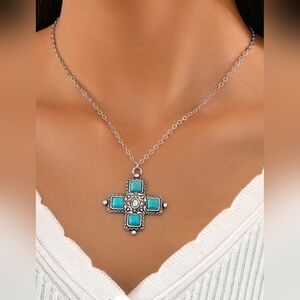 Western Faux Turquoise and Silver Cross Necklace Coastal Cowgirl